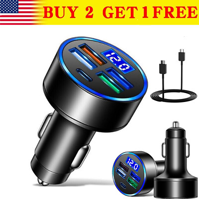 4 USB Port PD Type C Car Charger Fast Charging Adapter USB-C to USB-C Cable 