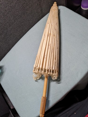 Vintage Paper Umbrella With Real Leaves Made In Thailand 31" Bamboo Parasol - Picture 5 of 15