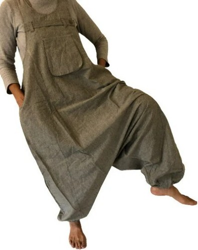 Unisex Plain Hemp Cotton Drop Crotch Harem Dungarees Festival Overalls Jumpsuit - Picture 5 of 8