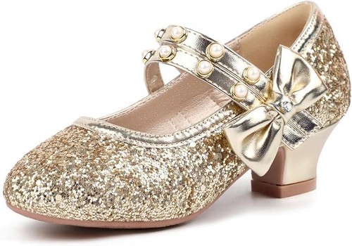 PANDANINJIA Doris Girls Dress Shoes Heels Mary Jane Gold Sequin SIZE 3