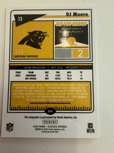 2022 Panini Classics DJ Moore Caroline Blue COLOR MATCH /5 Auto ๐ฅ๐ฅ๐ฅ - Picture 2 of 2