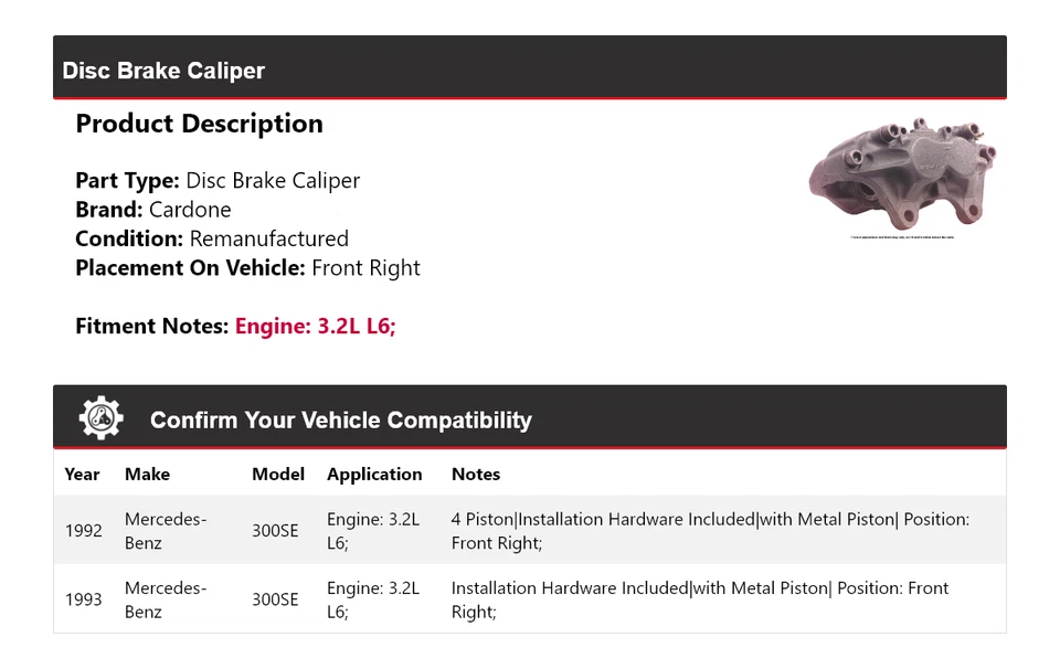 Pinza de freno de disco delantera derecha cardona para Mercedes-Benz 300SE 1992-1993 3,2 L L6 Foto 2 de 4
