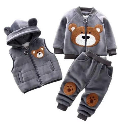 Autumn Winter Baby Boys Clothes Sets Thick Fleece Cartoon Bear Jacket Vest Pants - Picture 13 of 38