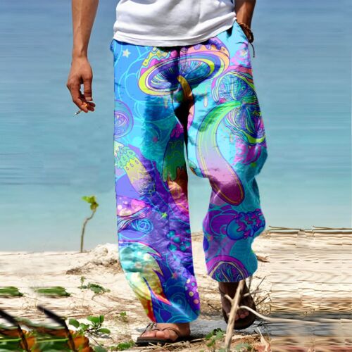 Men Summer Breathable Cotton Linen Trousers Printed Loose Wide Leg Casual Pants - Picture 18 of 23