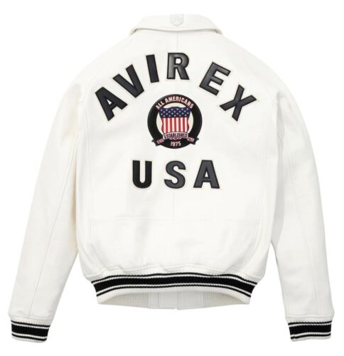 Men's AVIREX Bomber Jacket American Flight Basket Ball White Real Leather Jacket - Picture 1 of 5
