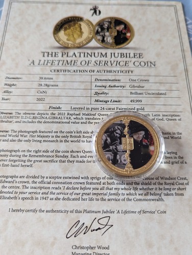 2022 "A Lifetime Of Service" GOLD PLATED Crown Coin With COA (Platinum Jubilee)