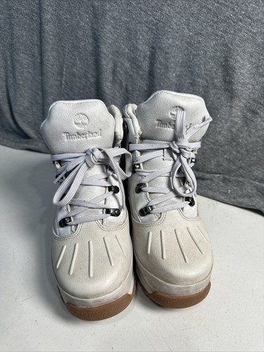 Timberland Boys Size 4.5 Hiking Boots White Canvas Lace Up Shoes Logo - Picture 2 of 11