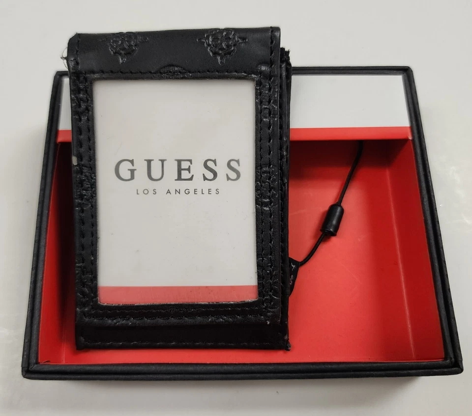 NUEVA CARTERA DOBLE PLIEGUE HOMBRE CUERO SINTÉTICO CON LOGOTIPO EN RELIEVE ACENTO ROJO NEGRO ADIVINAR Foto 3 de 4