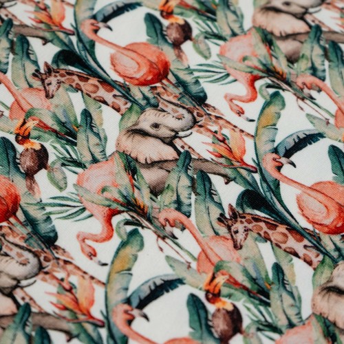 Cotton Jersey Fabric, Safari Animals and Flamingos, Patterned Stretch Fabric - Picture 3 of 3