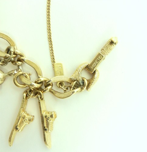 Monet GoldTone 6 Charm Bracelet Leaf Skates Snow Skis Horse Cat Flower S30E - Picture 5 of 9