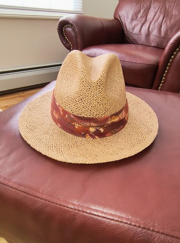 COUNTRY GENTLEMAN Brand Straw Honey MEDIUM Hat FEDORA w/ Wide OCHRE-Rust Band - Picture 3 of 7