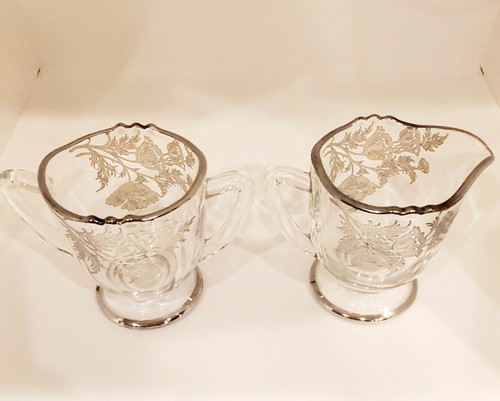 Vintage Depression Creamer & Sugar Elegant Glass Silver Trim and Overlay Poppies - Picture 6 of 9