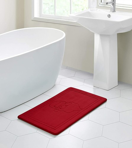 Holiday Christmas Santa Burgundy Red Memory Foam Anti Fatigue Kitchen Bath Mat - Picture 2 of 3