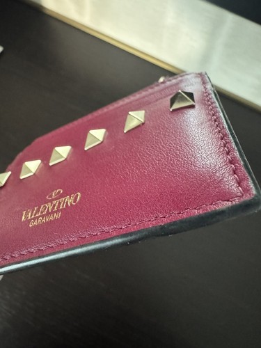Valentino Garavani Rockstud Card Holder Case Zipper Coin MaroonLeather Authentic - Picture 9 of 22