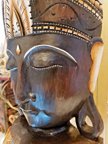 ENORME TESTA DI BUDDHA THAILANDESE IN LEGNO MASSELLO ARTIGIANALE - ALTA 76 cm - Foto 8 di 15