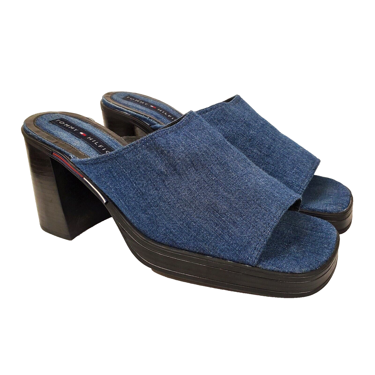 Y2K Tommy Hilfiger Platform Slide Sandals Chunky Heel Peep Toe Denim Womens 