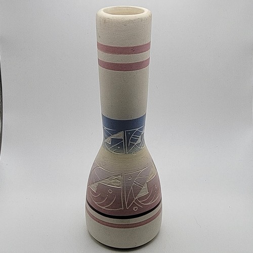 Native American Style Etched Pink Blue Rainbow Art Pottery Vase 8" Signed