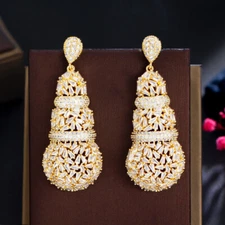 CZ Crystal Clstuer Long Drop Dangle Earrings Dubai Yellow Gold Plated Jewellery