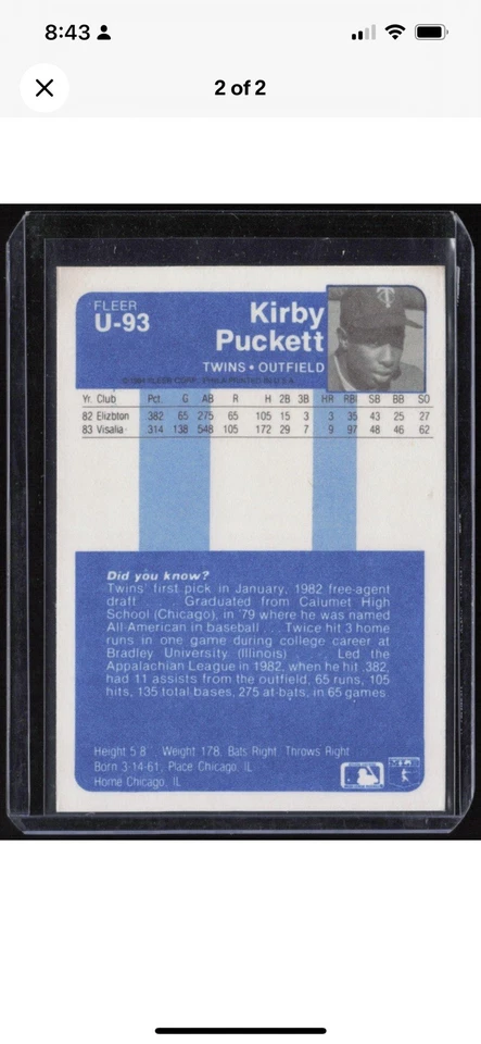 Actualización Fleer 1984 - Kirby Puckett #U-93 (RC) ¡Casi nuevo-como nuevo o mejor!    Stunner! Foto 4 de 4