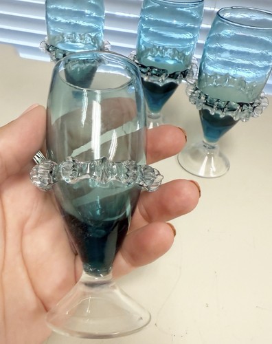 Vintage Aquamarine Blue Italian Cordial Glasses Set Of 4 Clear Glass Ruffle MCM - Picture 2 of 5
