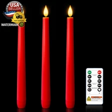 3 Pcs Waxy Red Flameless Taper Candles with Remote, Flickering Battery Operated 