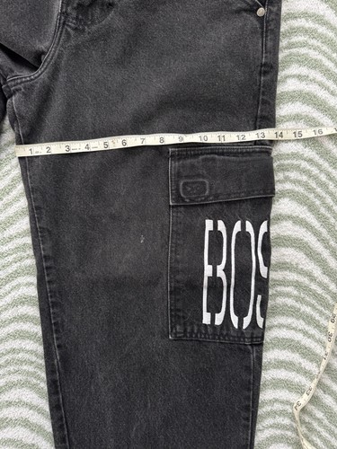 Vintage 90s BOSS Black Denim Cargo Jeans Embroidered Logo Baggy Distressed 32/32 - Picture 18 of 23