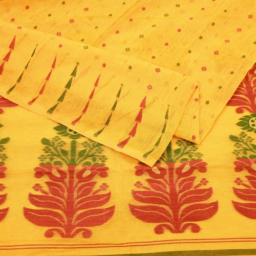 Vintage Sarees Yellow Cotton Hand Woven Jamdani Sari 5yd Ethnic Craft Fabric - Picture 17 of 23