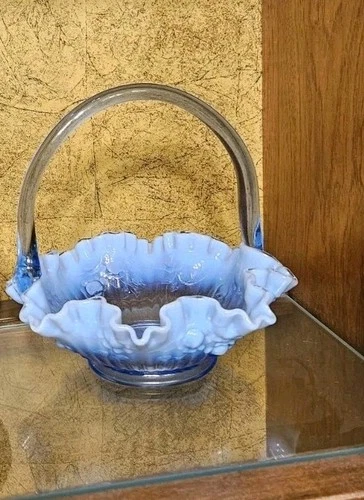 Fenton Blue Opalescent Cabbage Rose Ruffled Edge Bride'sBasket 7.5"x7.5