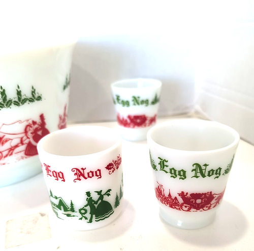 Vintage Hazel Atlas Egg Nog 6-pc Set Milk Glass Carriage Punch Bowl + 6 Mugs - Picture 2 of 12