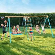6 In 1 Metal Swing Set Heavy-Duty Outdoor 2 Swings Trapeze Basketball Playground