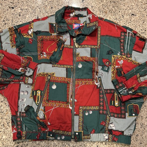 Vintage Tail Jacke Damen klein rot durchgehender Reißverschluss Grafik Golf Langarm