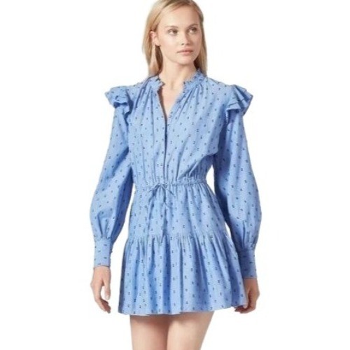 JOIE Monesa Rüschen Baumwoll Kleid Gr. Large Denim Chambray Langarm Blau Neu - Bild 3 von 10