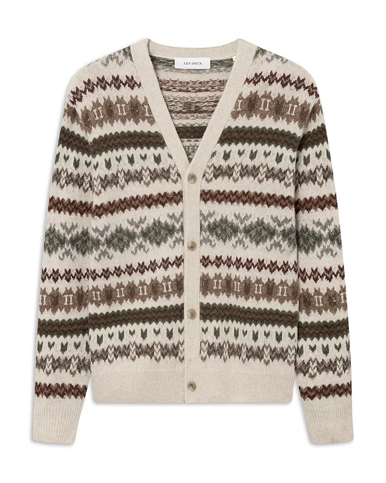 Cárdigan suéter de lana Les Deux Hordur Fair Isle para hombre pequeño beige claro múltiple Foto 2 de 4