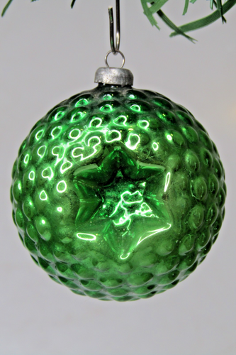 VTG Glass Double Indent Embossed FLOWER STAR Ball Christmas Ornament Heidt Green