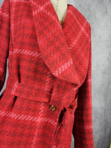 CAbi EVITA Women L Red Check Jacket Coat Shawl Belted Pockets M #4295 Mid Length - Picture 3 of 12