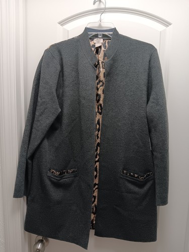 CHICO'S Sz. 2 (L) Gray Knit Open Front Long Cardigan Animal Woven Back NWT  - Picture 1 of 6