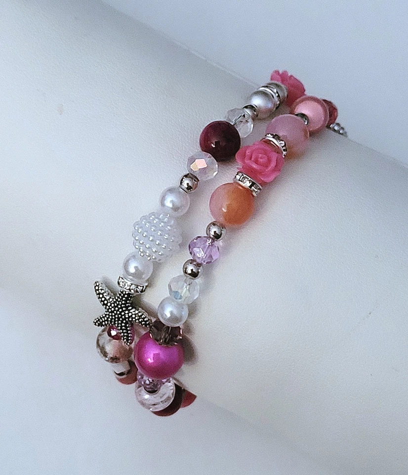 Sylvie's Edelstahl Spiral Armband Maritim Kristalle Perlen lila rosa / 1327