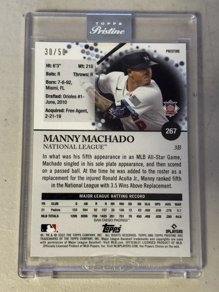 Manny Machado - 2022 Topps Pristine All-Star Gold Refractor /50 Card #267 - Image 2 of 2