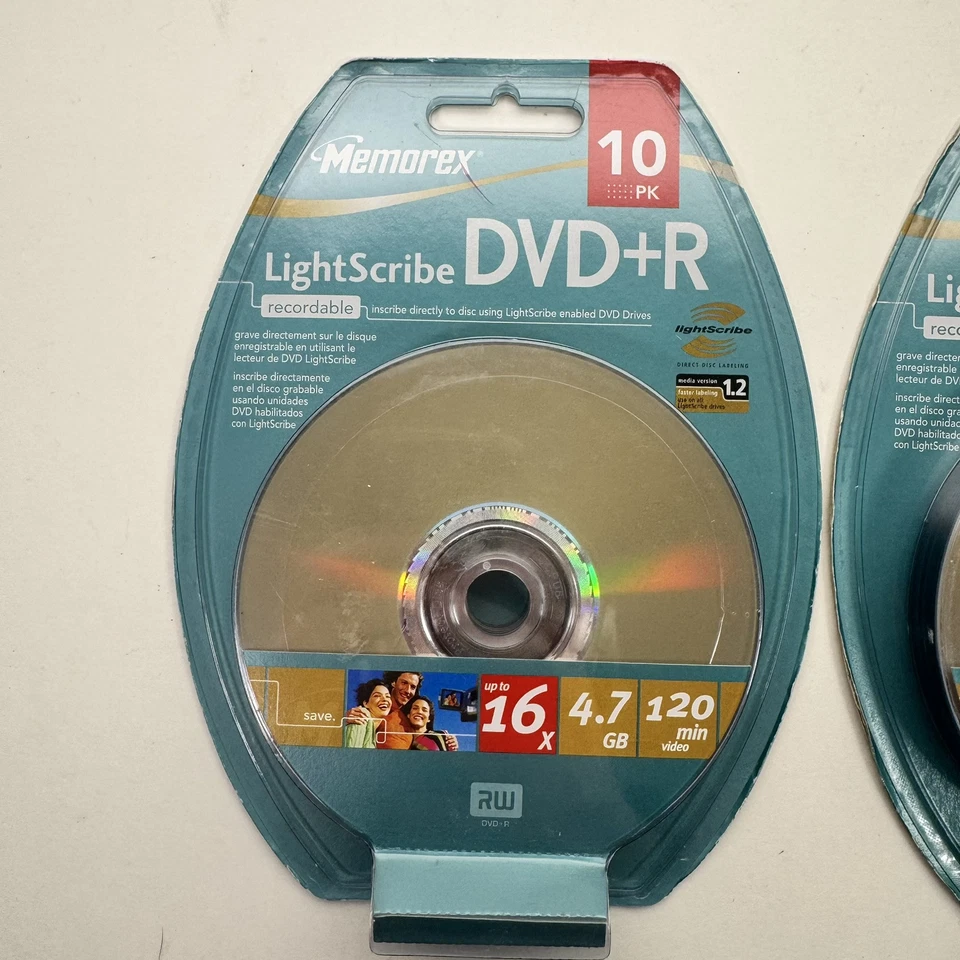 2 paquetes de 10 discos grabables Memorex LightScribe DVD+R 16x 4,7 GB 120 min nuevos Foto 2 de 4