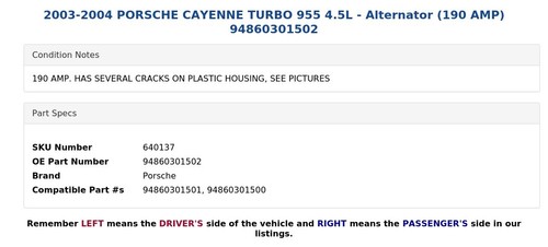 2003-2004 PORSCHE CAYENNE TURBO 955 4.5L - Alternator (190 AMP) 94860301502 - Picture 8 of 9