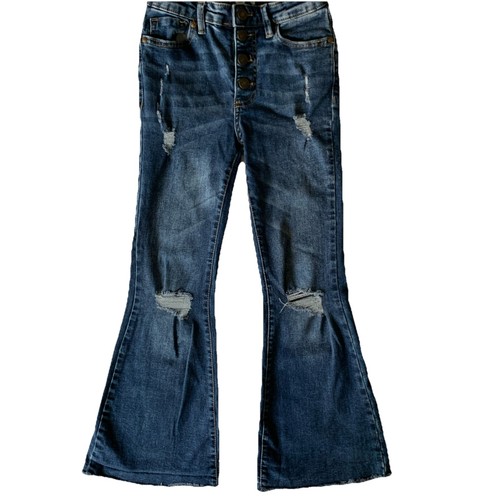 Jessica Simpson Jeans Girls 10 Blue Lulu Ultra Flare Distressed Snap Button Fly - Picture 1 of 14