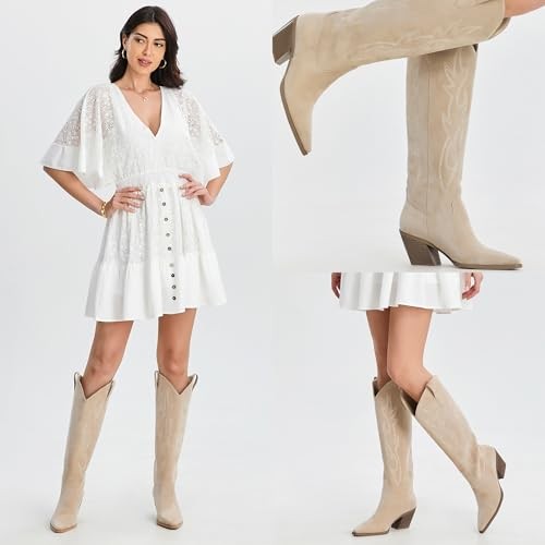 Cowgirl Boots Women Knee High Boots Pointed Toe and Block Heel Cowboy Suede - Picture 5 of 6