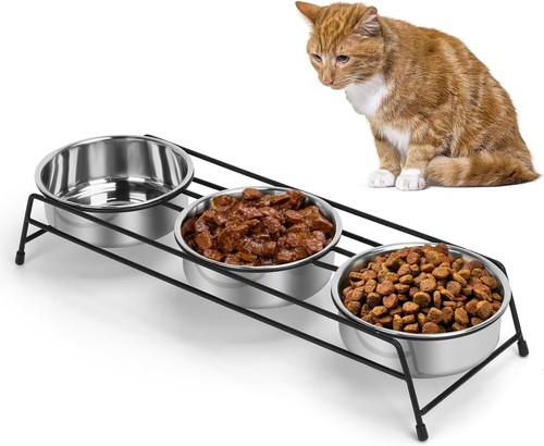 Raised Cat Bowls Triple Dog Cat Feeder Holders 3 Stainless Steel Elevated Pet... - Picture 3 of 5