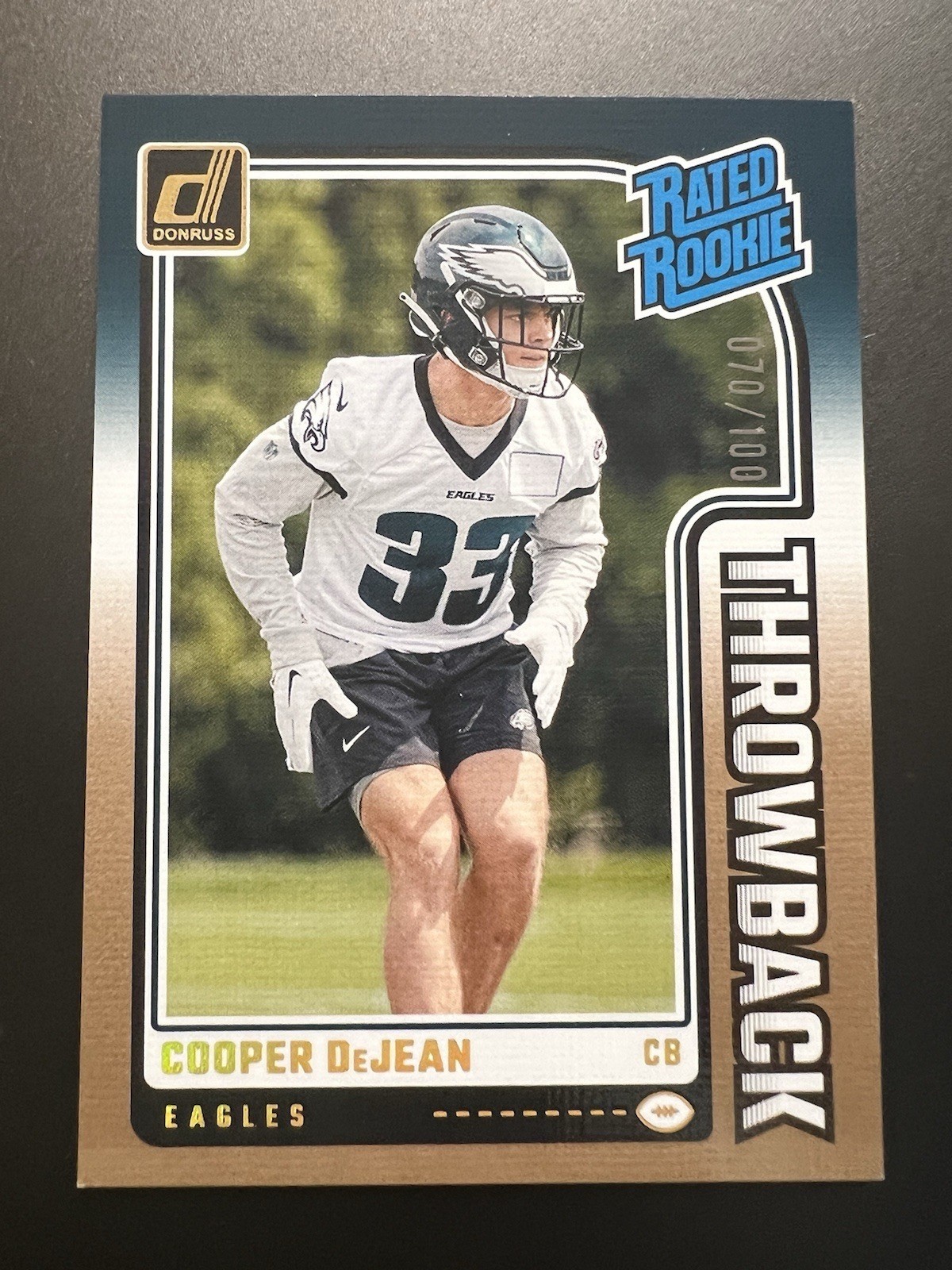 2024 Panini Donruss Rated Rookie #47 Cooper Dejean Throwback #/100 RC Eagles