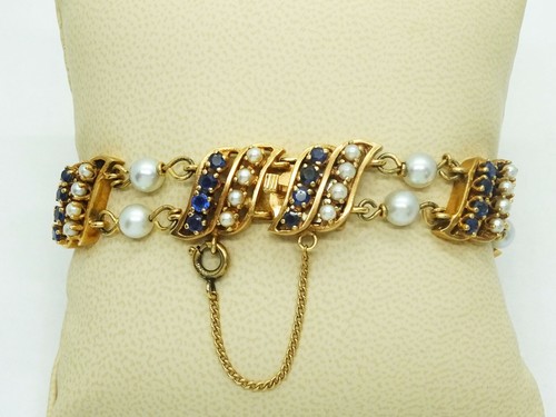 Vintage Honora Designer Natural Pearl & Sapphire Bracelet 14k Gold - Picture 2 of 6