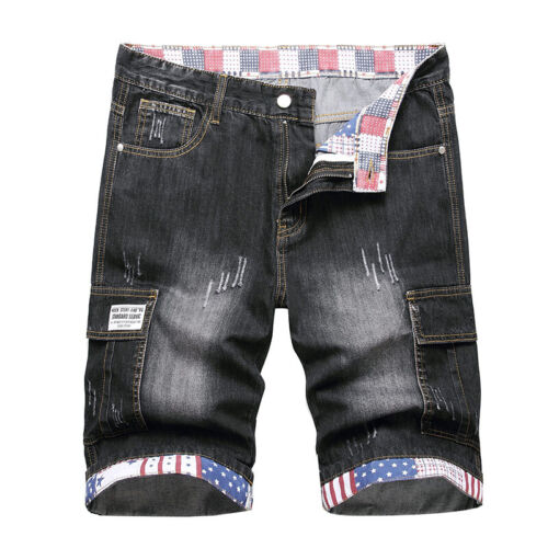Pantalones Cortos de mezclilla para Hombres Informales Calce Recto Bolsillo Carga Pantalones Cortos Jeans Medio Pantalones - Imagen 13 de 14