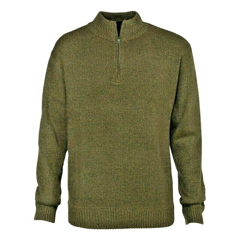 Pull Over Truck Driver T. M Green Khaki Zip Wool Sweater Hunting Fishing