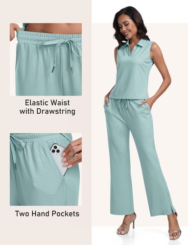 Women's Casual Outfits Set with Pocket Two Piece Sleeveless Shirt Wide Leg Pant - Picture 75 of 81