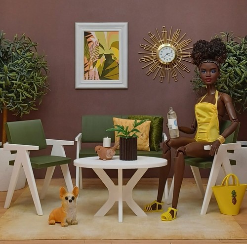 🪴grüne TISCHBANK 2 STÜHLE Terrasse GARTEN Diorama MÖBEL Maßstab 1/6 für BARBIE - Bild 2 von 14