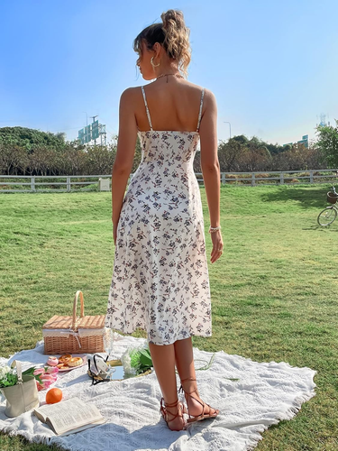 Women'S Summer Split Thigh Spaghetti Strap Cami Midi Floral Dress - Picture 2 of 12